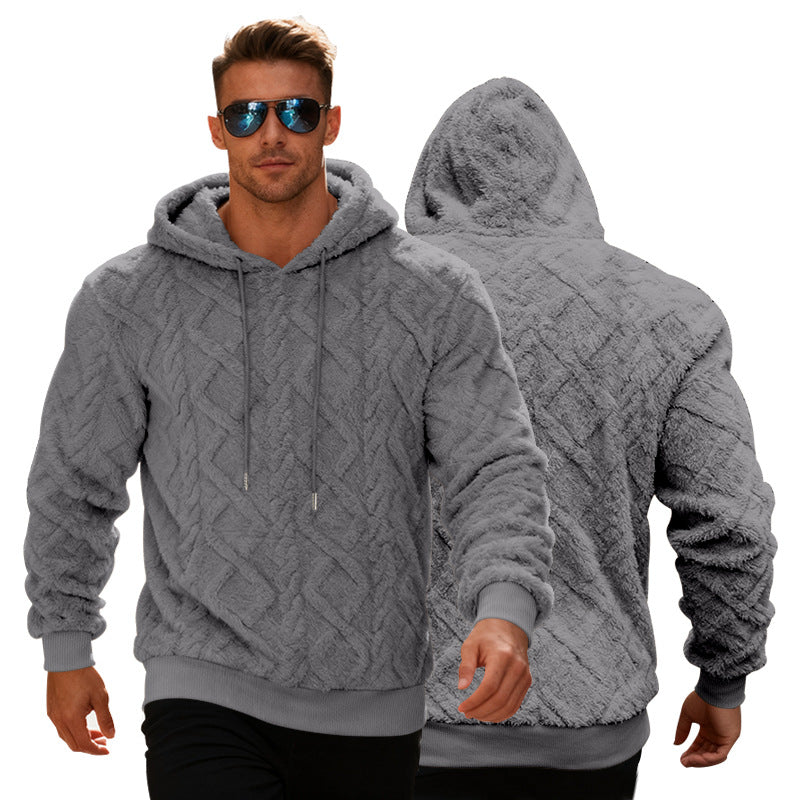 Plush Hooded Sweatshirt Winter Warm Long-sleeved Pullover Top Men's Casual Solid Color Fleece Hoodie Clothing