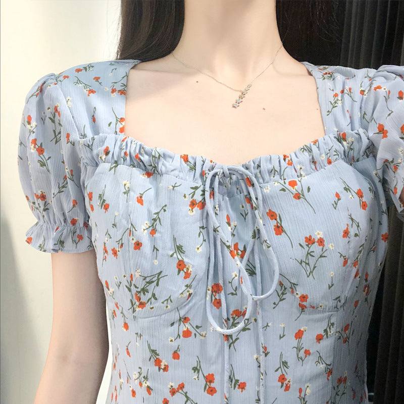 French Terrier Orange Blue Floral Dress