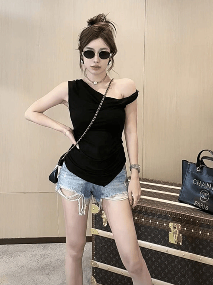 Women's Pleated Off-the-Shoulder Sleeveless Slim-fit Asymmetrical Top