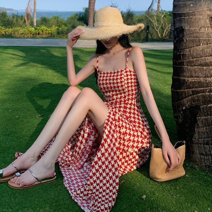 French Retro Sling Houndstooth Slit Dress