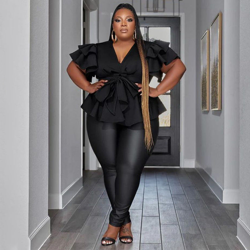 Women's Casual All-Match V-Neck Ruffle-Sleeve Pleated Blouse Top