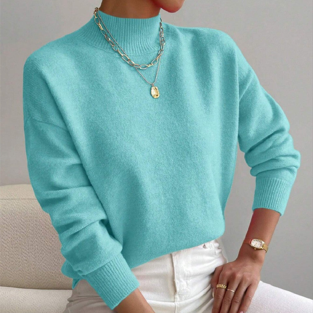Women's Pullover Sweater Casual Solid Color Mid-high Neck Long-sleeved Knitted Tops Clothing