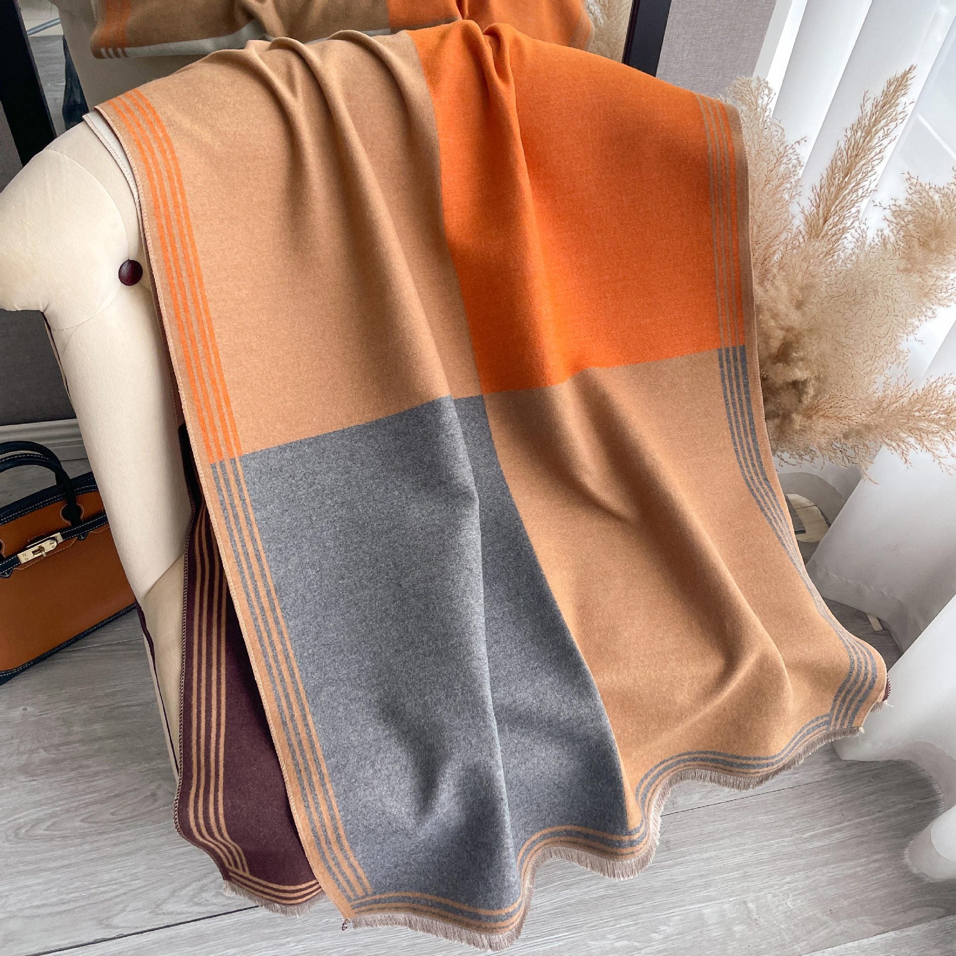 Korean-style Color-Block Fashion Faux Cashmere Scarf Womens Dual-Use Air-Conditioning Shawl