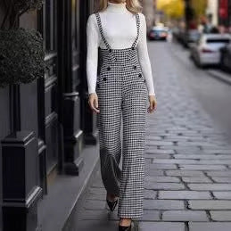 New European And American-style Elegant Houndstooth Buttoned Wide-leg Overalls For Women
