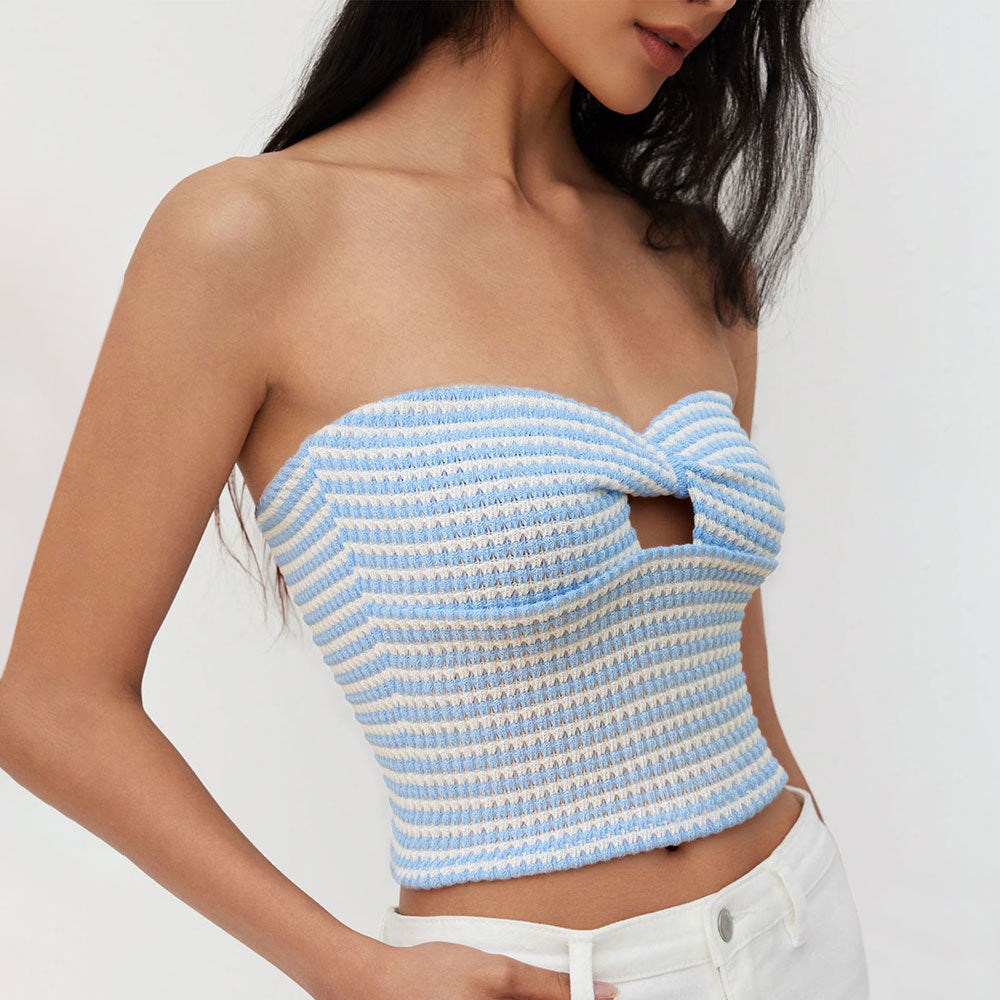Womens Knot-Detail Hollowed-Out Tube Top With Striped Color-Block Design