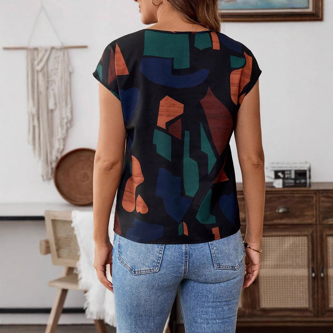Womens Round-neck Printed Short-sleeve Top