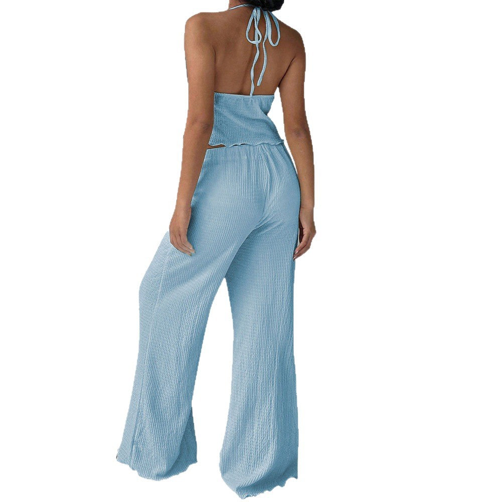 Womens Solid Light Blue Halterneck Top And High-Waist Wide-Leg Pants Set