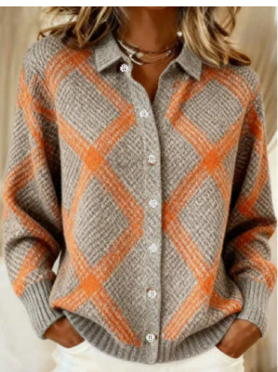 Printed Lapel Sweater Fashion Casual Long-sleeved Button Pullover Top Knitted Clothing For Women