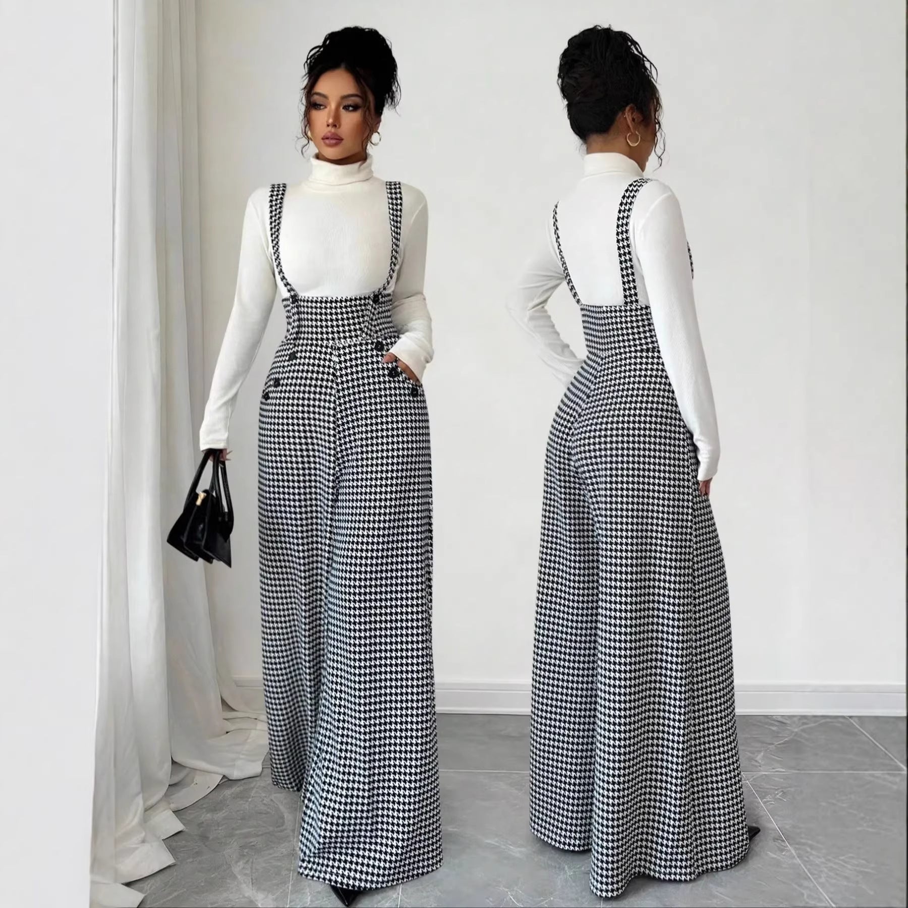 New European And American-style Elegant Houndstooth Buttoned Wide-leg Overalls For Women