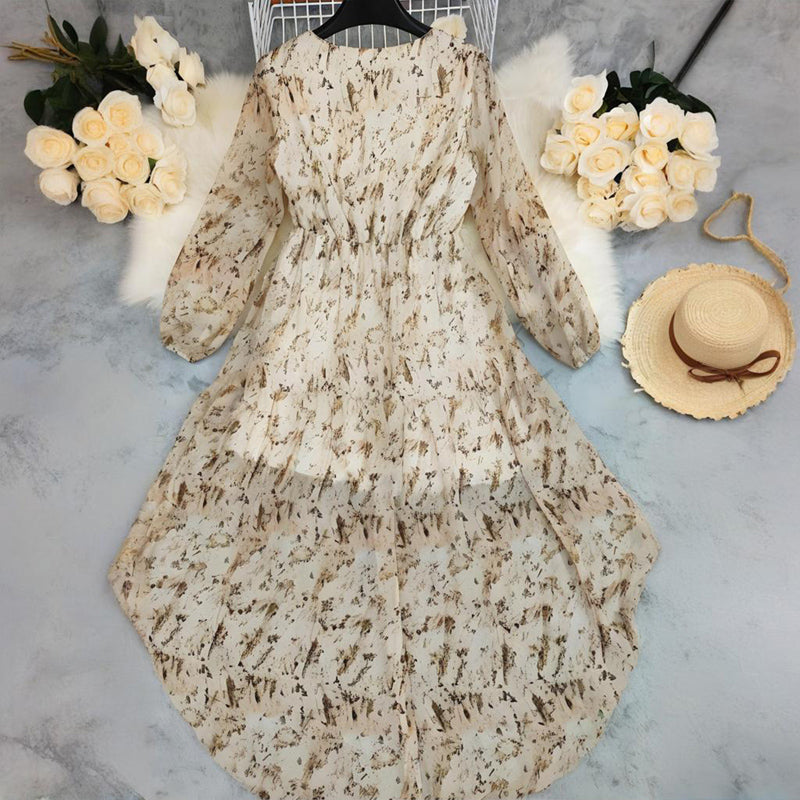Women's Deep V-Neck Floral Print Long Sleeve Dress - Boho Elastic High Waist Dress With Asymmetrical Hem & Puff Cuffs