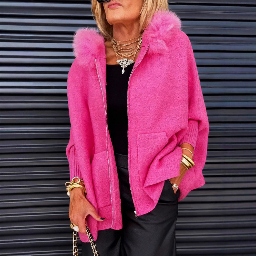 Ins Plush Hooded Cardigan Fashion Warm Pockets Zip-up Knitted Jacket Casual Outerwear Batwing Sleeve Sweater Women's Clothing