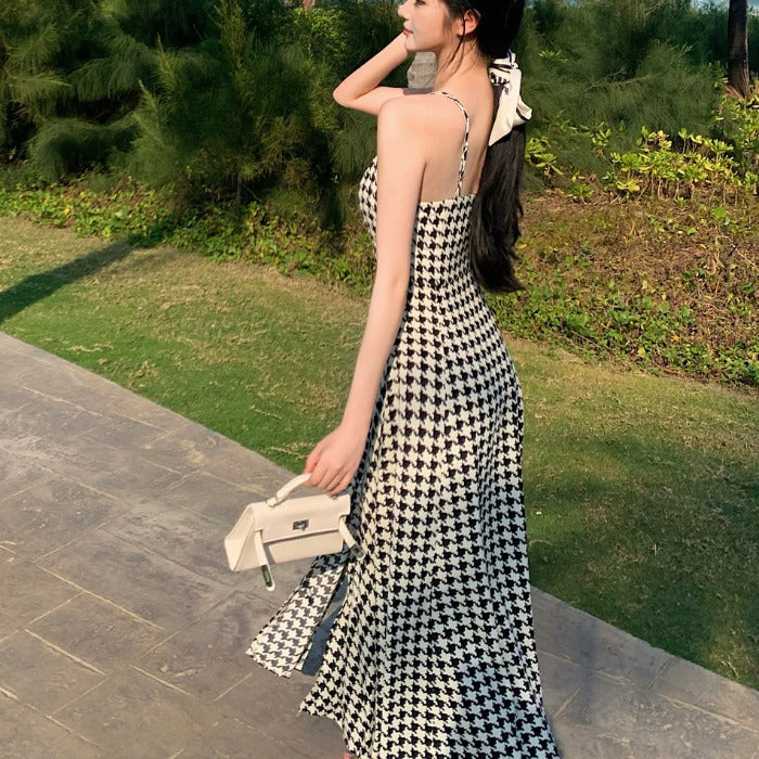 French Retro Sling Houndstooth Slit Dress