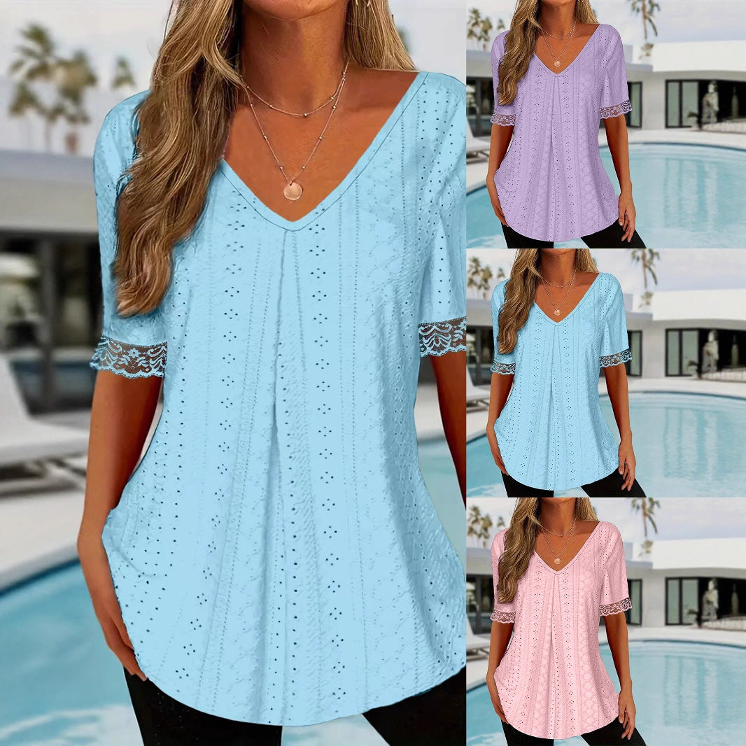 Womens Solid-Color V-Neck Loose Short-Sleeve Pleated T-Shirt Top