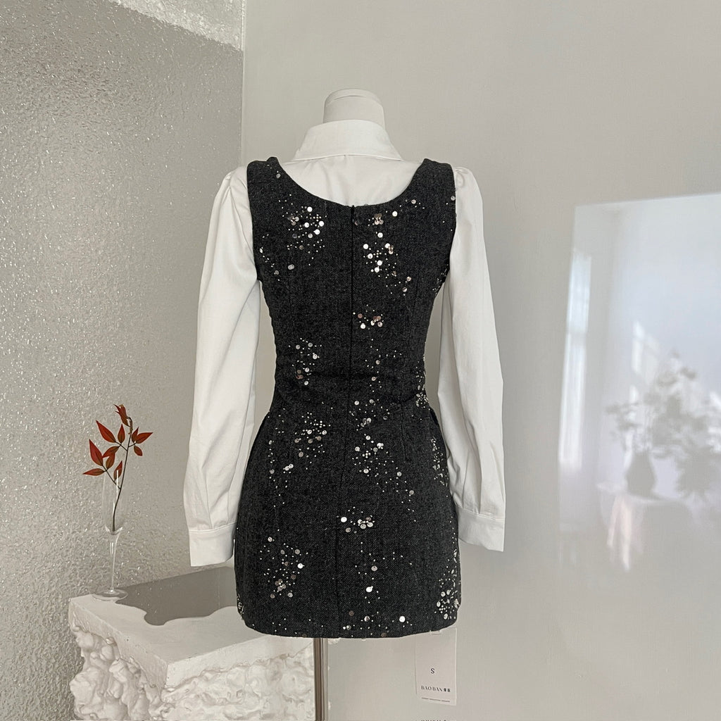 French Doll Collar White Blouse  & Black Sequin Vest Dress Two-Piece Set Spring New