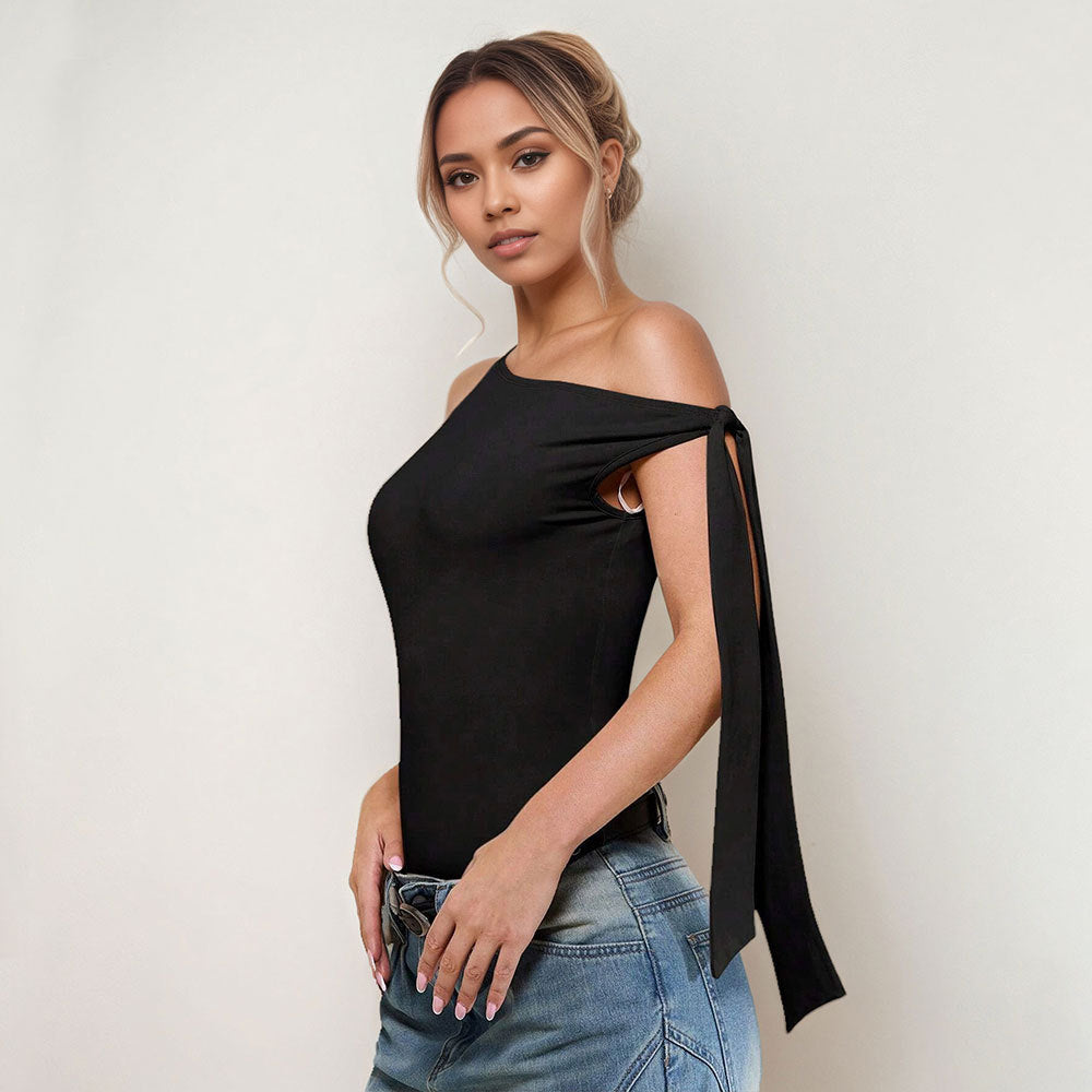 Womens Solid-Color Sleeveless Off-the-Shoulder Lace-Up Jumpsuit