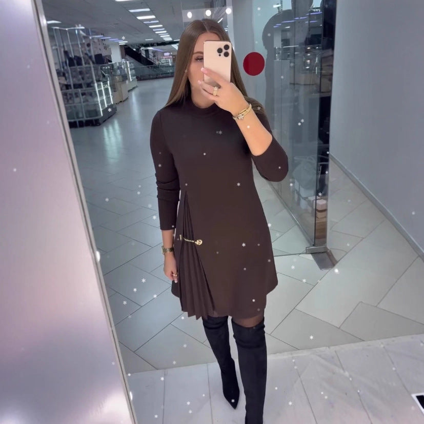 Patchwork Pleated Long-sleeved Dress Fashion Split Dresses Elegant Commuter Women's Clothing