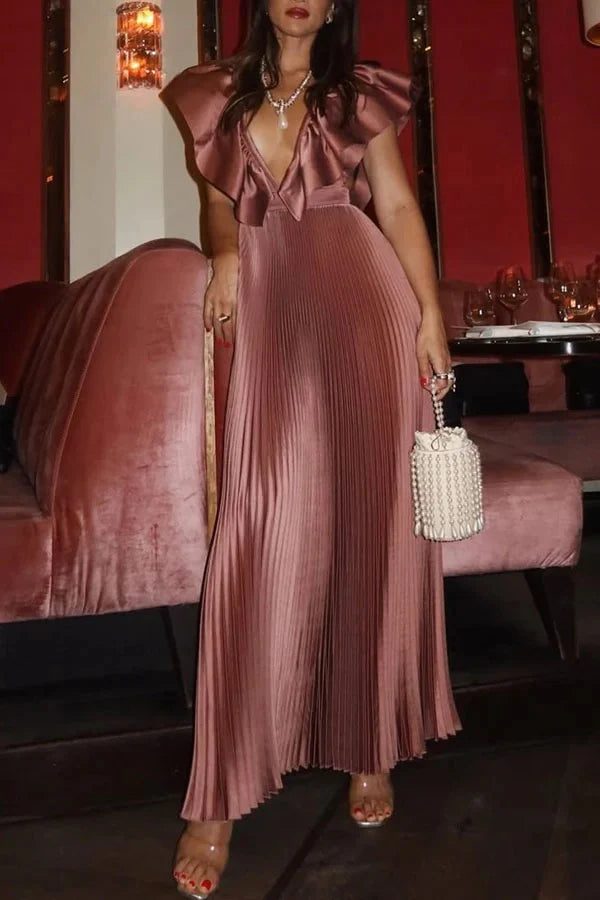 Satin Ruffle Deep V-Neck Pleated Maxi Dress