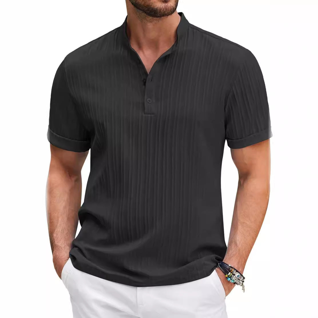 Summer Stand Collar Buttons Short Sleeve T-shirt Solid Color Stripe POLO Shirt Fashion Casual Beach Clothing For Men