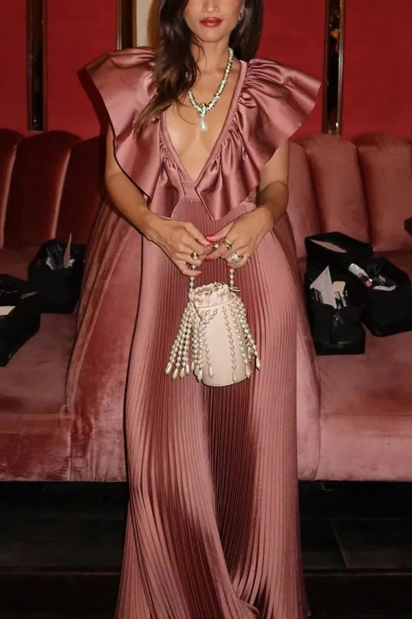 Satin Ruffle Deep V-Neck Pleated Maxi Dress