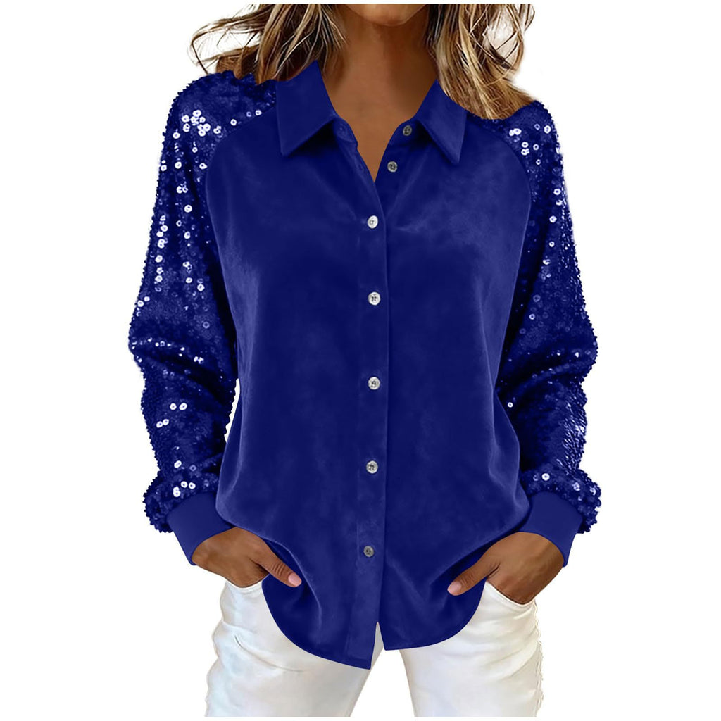 Women's Fashion Sequins Long Sleeve Blouses Casual Solid Long Sleeve Turn-down Collar Button Shirts Top Women Holiday Streetwear Clubwear Clothes