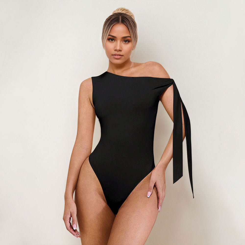 Womens Solid-Color Sleeveless Off-the-Shoulder Lace-Up Jumpsuit