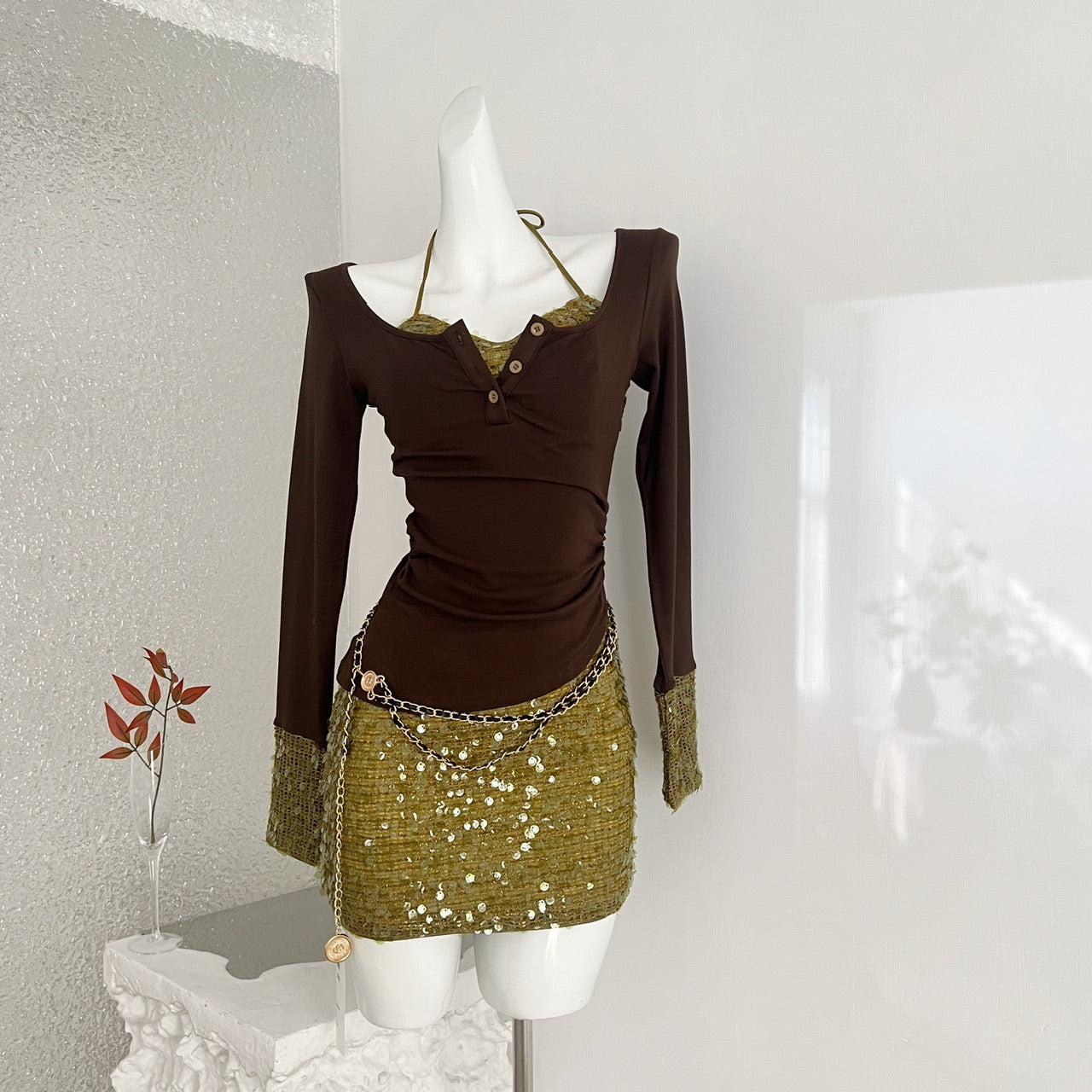 Women's Knit Bodycon Fake Two-Piece Dress Deep Winter Y2K Hot Girl Birthday Club Outfit