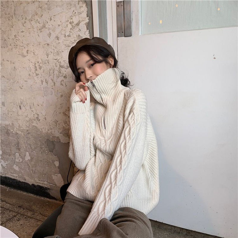 Loose Lazy Style Zipper High Neck Knitted Top