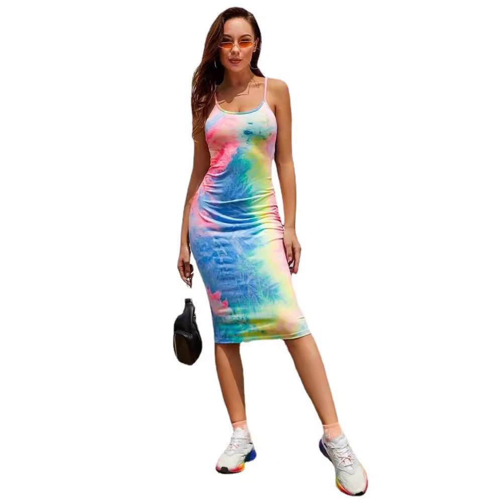 Casual Tie-Dye Long Dress With A Cross-Back Design