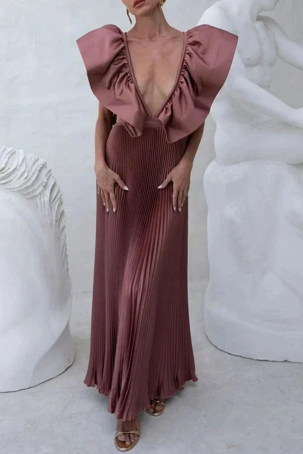 Satin Ruffle Deep V-Neck Pleated Maxi Dress