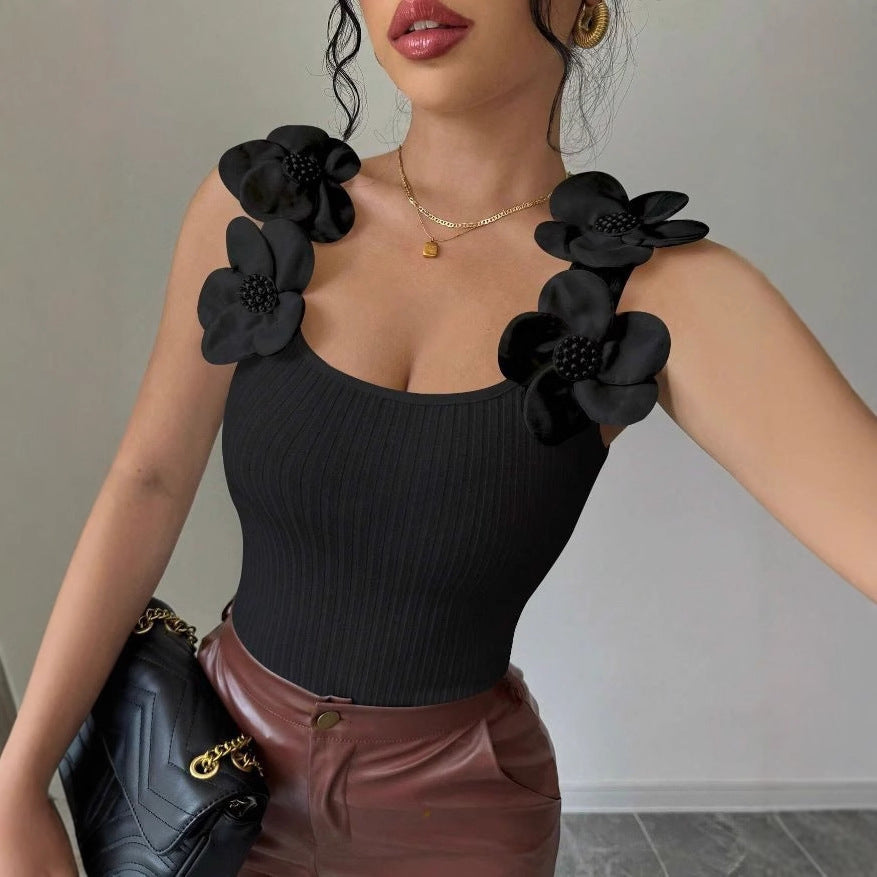 Women's 3D Floral Decorated Knitted Sleeveless Top