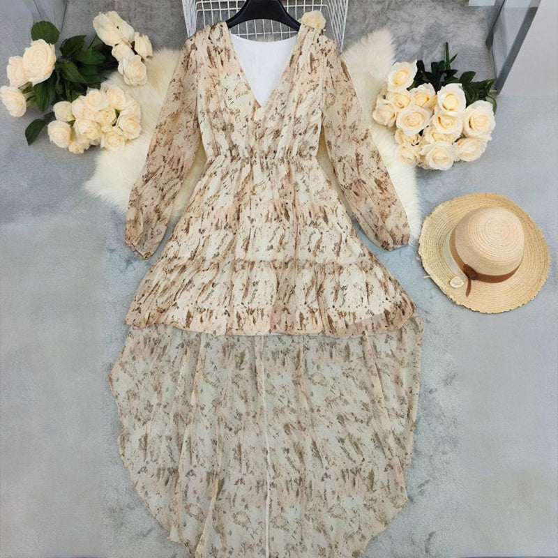 Women's Deep V-Neck Floral Print Long Sleeve Dress - Boho Elastic High Waist Dress With Asymmetrical Hem & Puff Cuffs