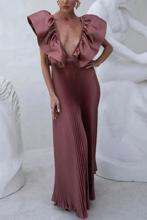 Satin Ruffle Deep V-Neck Pleated Maxi Dress