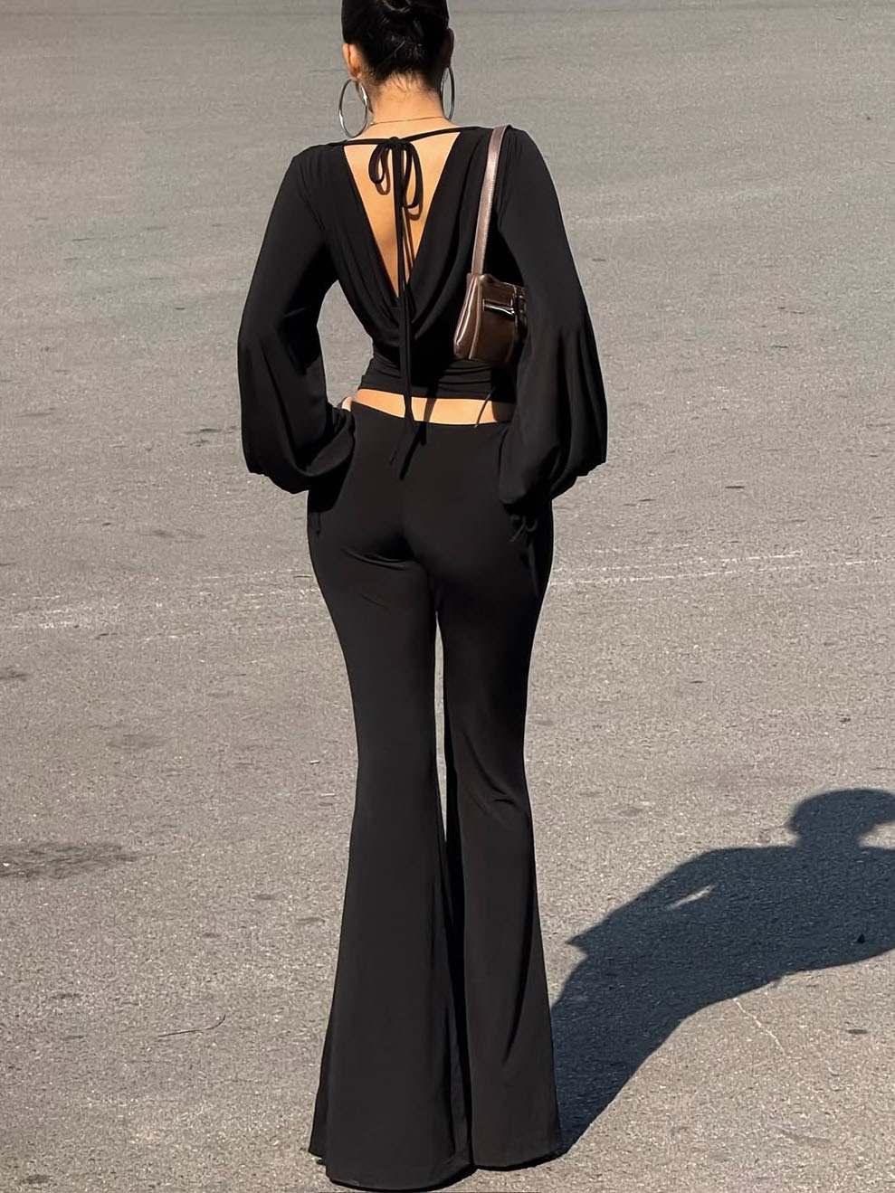 Black V-Neck Puff Sleeve Crop Top & High Waist Flare Pants Set