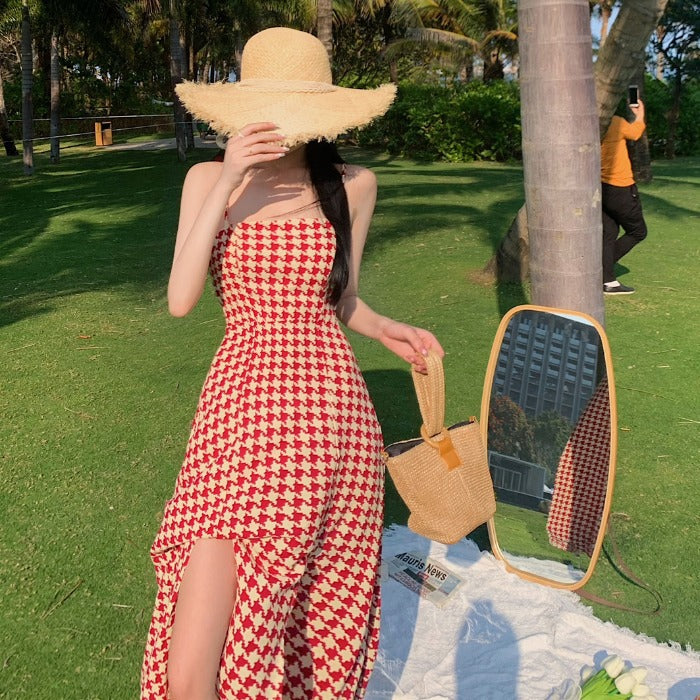 French Retro Sling Houndstooth Slit Dress