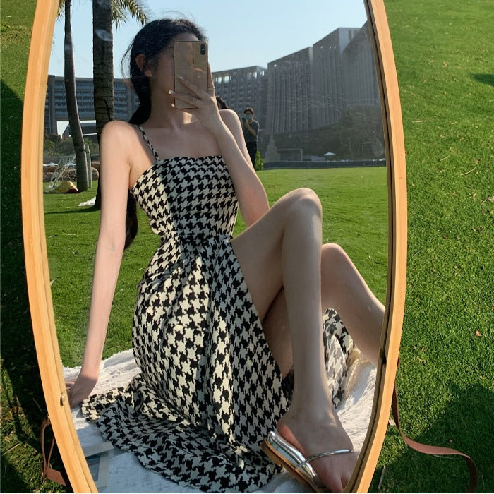 French Retro Sling Houndstooth Slit Dress