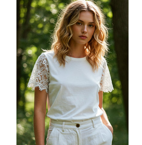 Womens Retro Printed Patchwork Crew-Neck Top