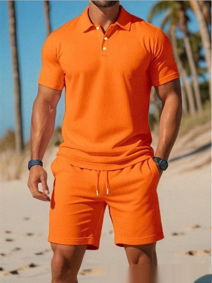 Men's Casual Beach Mesh Lapel Set Summer Comfortable Breathable Loose Solid-Color Sports Short-Sleeved Shirt And Shorts Set