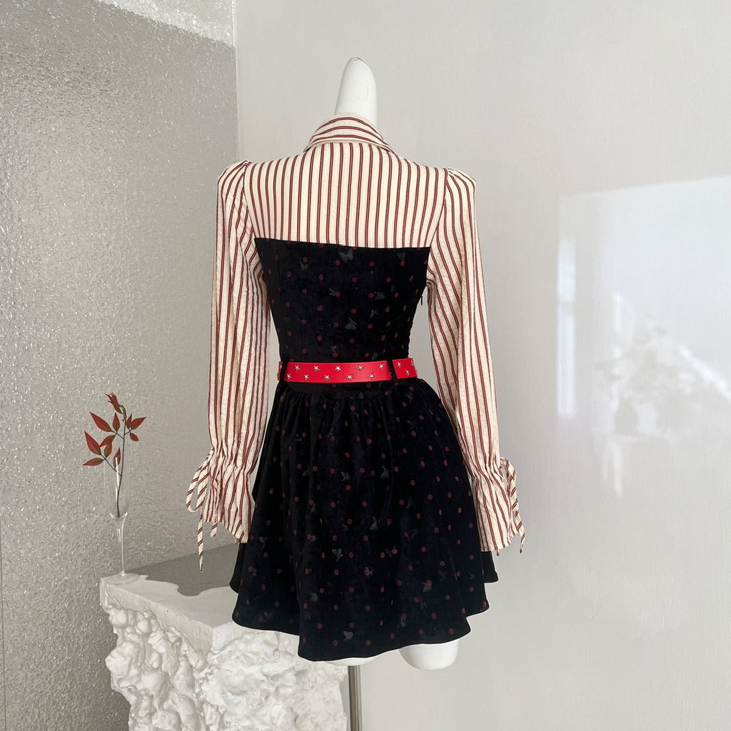 Women's Y2K Hot Girl Dress Polka Dot Shirt Paneled Velvet Bodycon Mini Dress