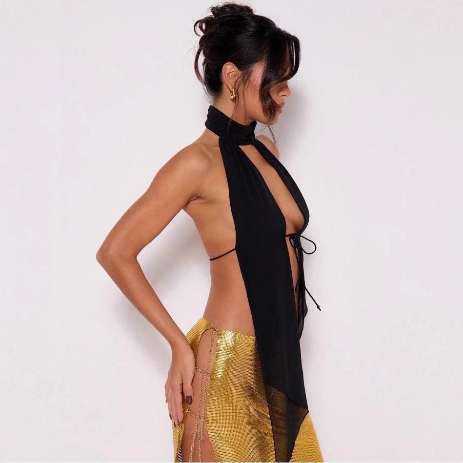 Sexy Stand Up Collar Halter Backless Lace Up Vest Top