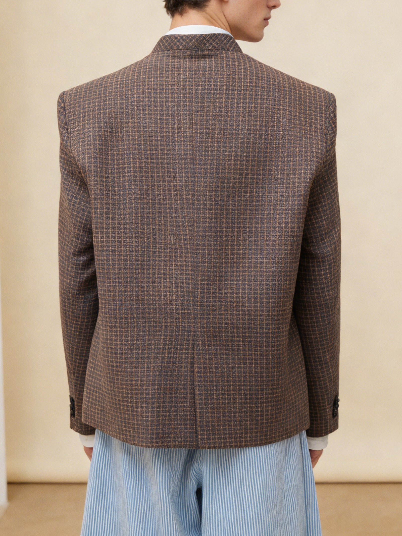 Brown Plaid Collarless Deconstructed Blazer Jacket