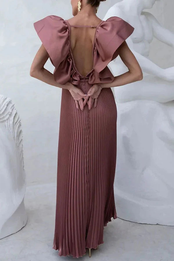 Satin Ruffle Deep V-Neck Pleated Maxi Dress