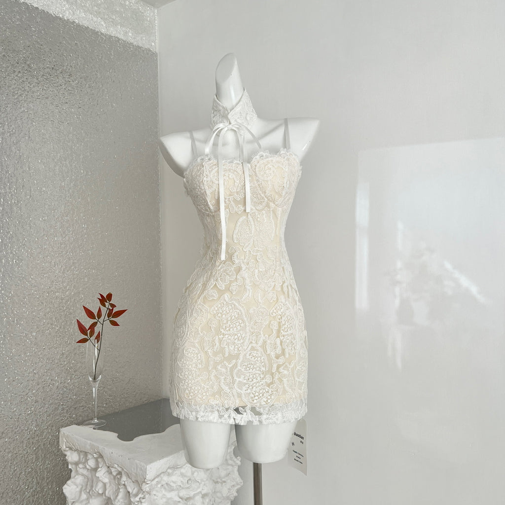 2026 French Lace Mini Dress  Club & Party Must-HaveSexy French Halter Mini Dress  Party & Prom Look