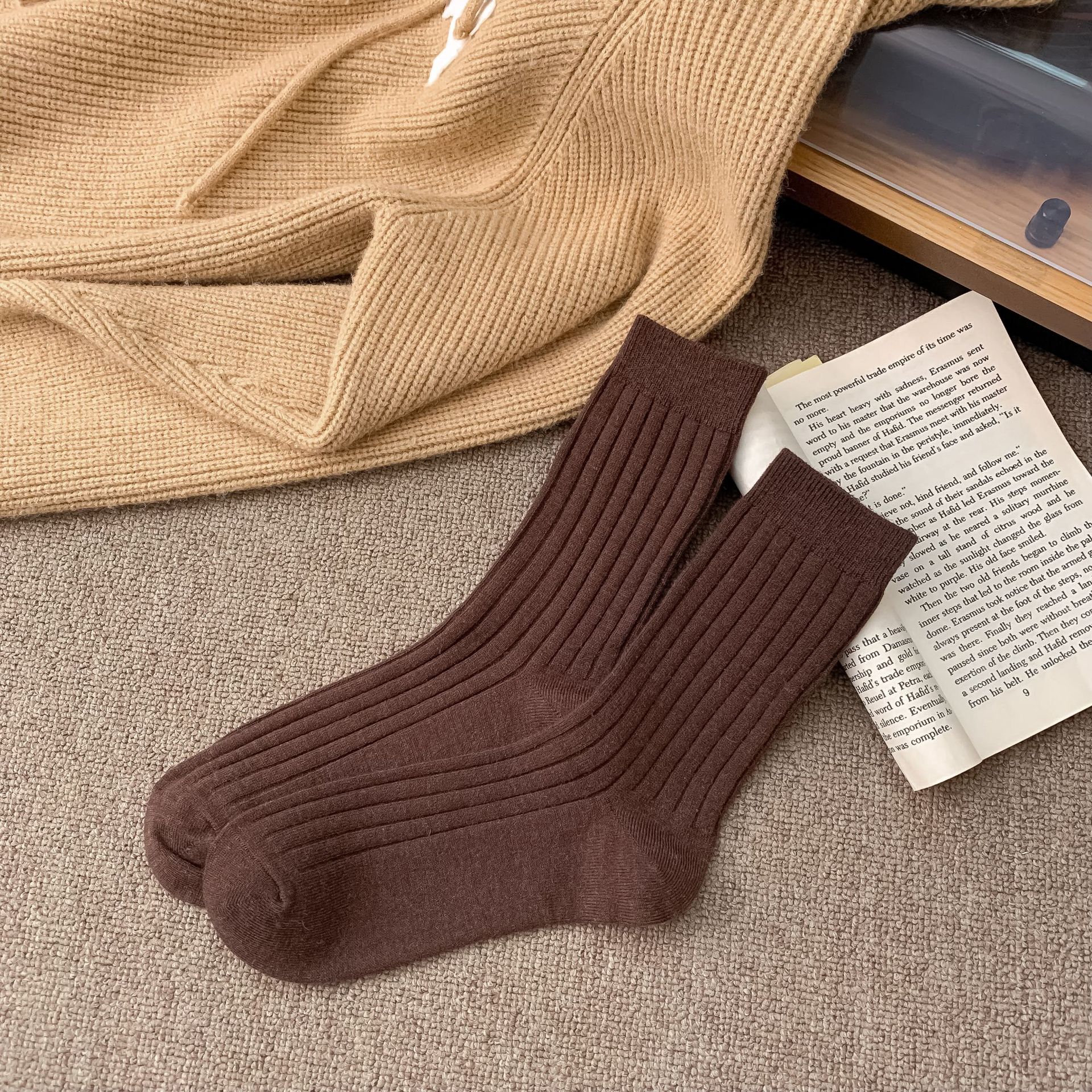 Womens Korean-style Autumnwinter Fleece-lined Chunky Solid-color Ankle Socks