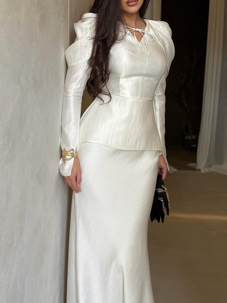 White Satin V-Neck Waist-Cinched Top & Mermaid Skirt Set