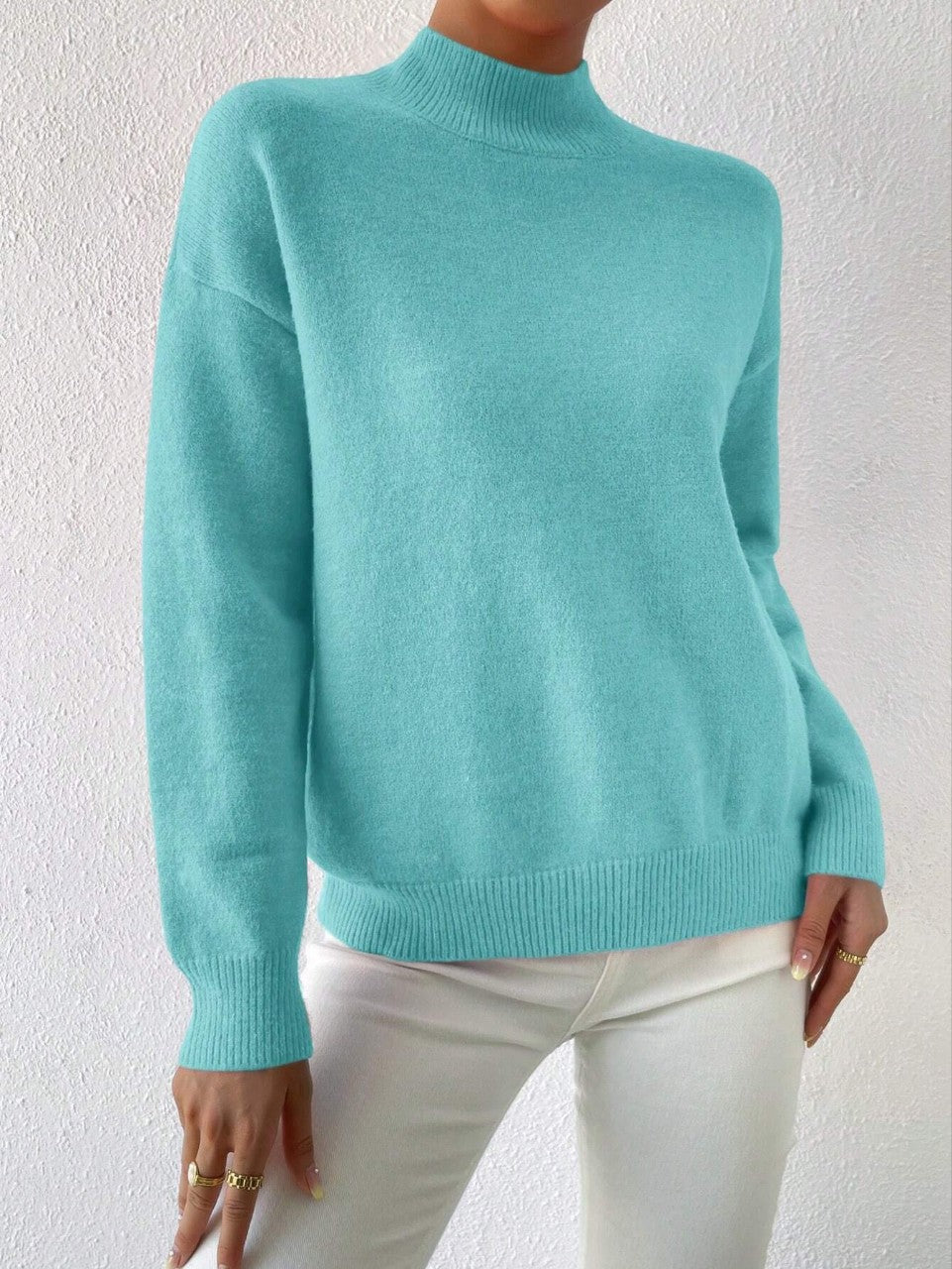 Women's Pullover Sweater Casual Solid Color Mid-high Neck Long-sleeved Knitted Tops Clothing