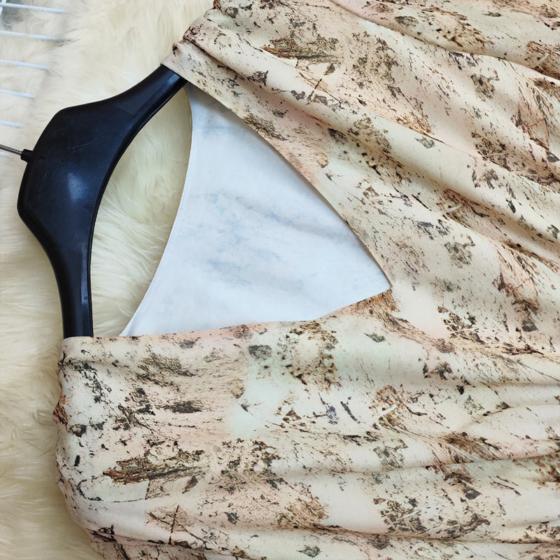 Women's Deep V-Neck Floral Print Long Sleeve Dress - Boho Elastic High Waist Dress With Asymmetrical Hem & Puff Cuffs