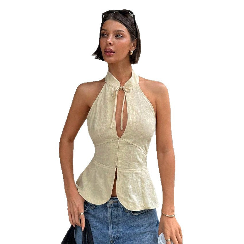 Women's Retro Lace-up Halter Neck Off-Shoulder Slim-fit Tank Top