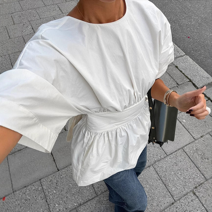 Summer Backless Short Sleeve T-shirt With Back-tied Design Fashion Bat Sleeve Top For Women Clothing