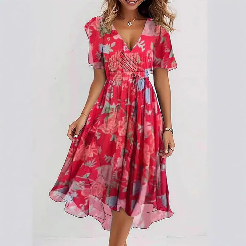Flowers Printed V-neck Dress Summer A-line Short-sleeved Dresses For Women