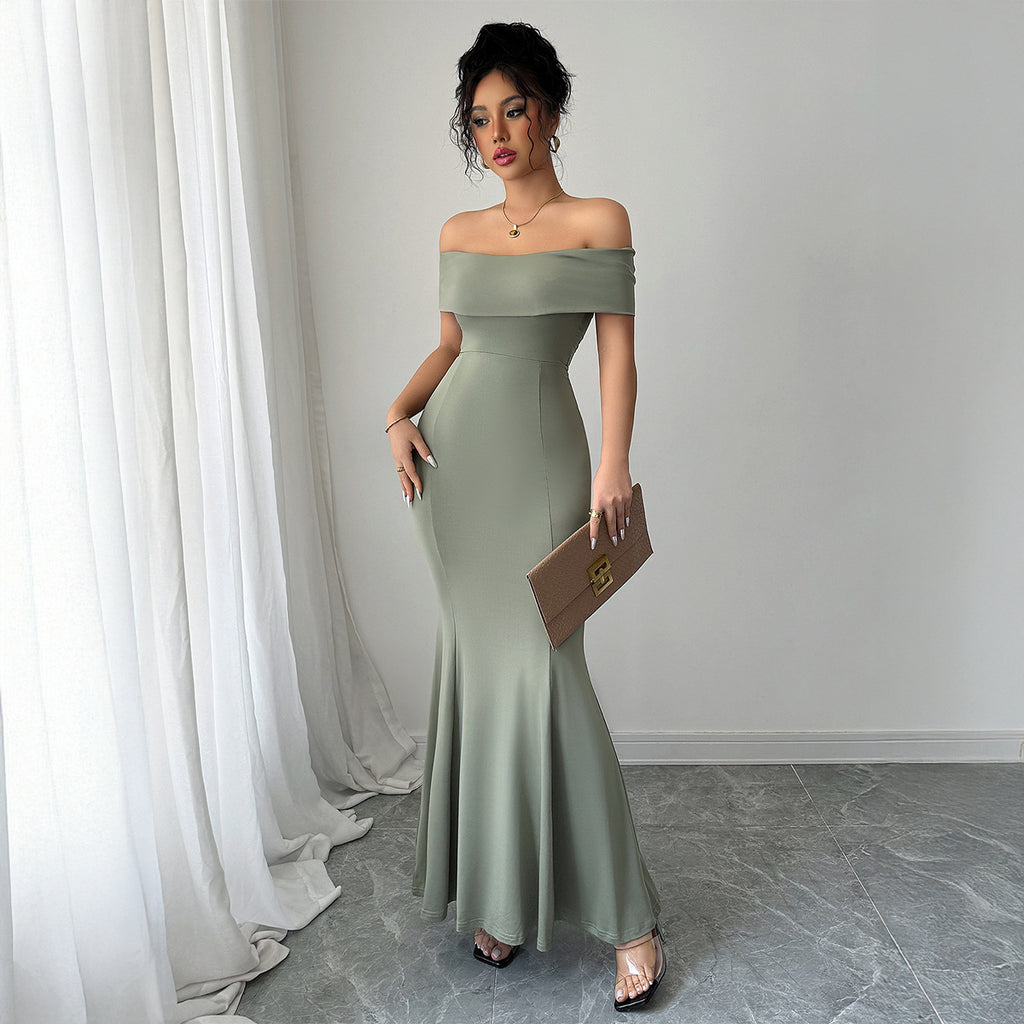 Womens Solid-Color Off-the-Shoulder Slim Long Dress